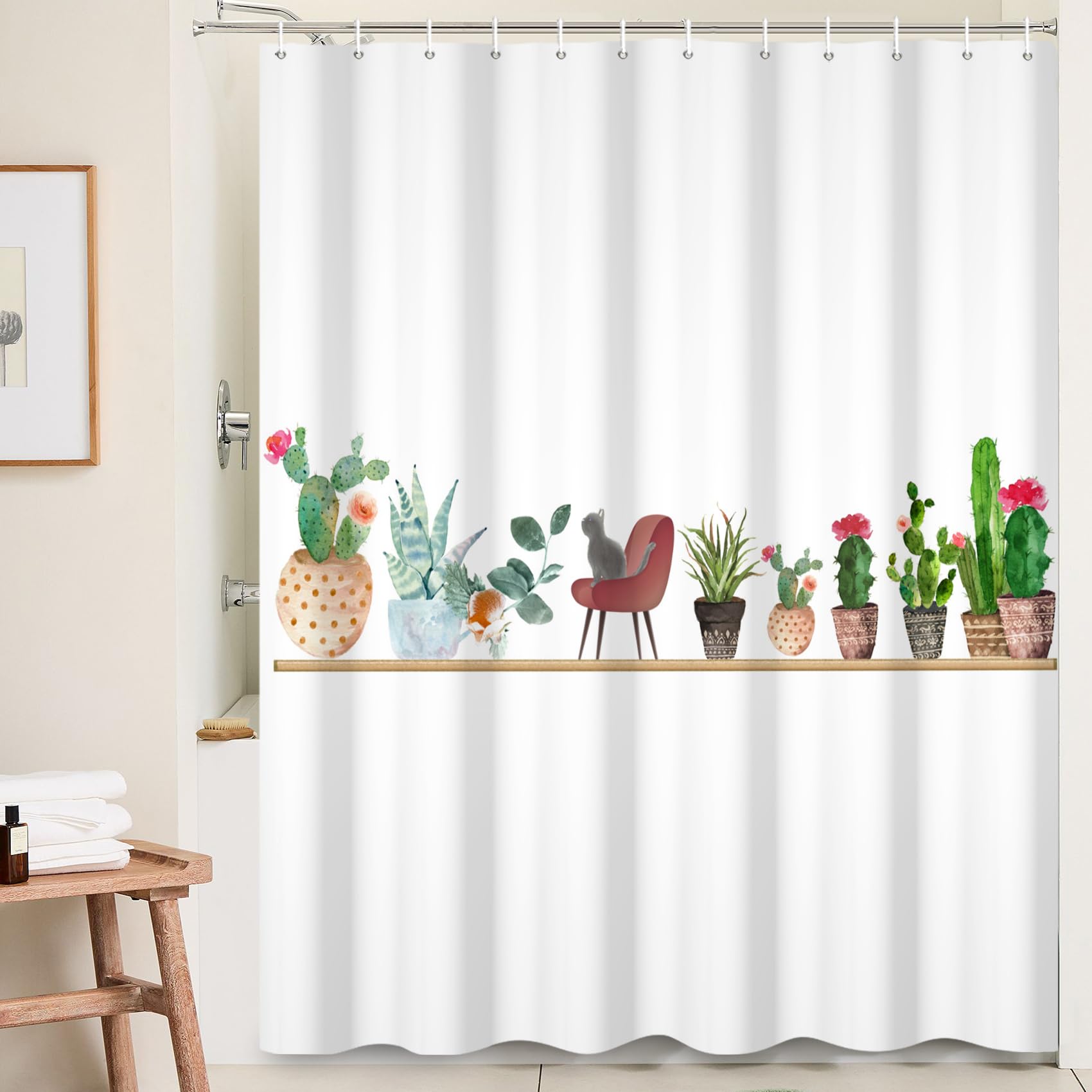 Ttincceer 71x71inch Cactus Cat Shower Curtain Green Desert Plant Animal Shower Curtains Watercolor Cactus Pet Cat Bath Curtain Waterproof Bathtub Curtain