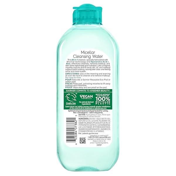 GARNIER MICELLAR WATER WITH HYALURONIC ACID, FACIAL CLEANSER & MAKEUP REMOVER, HYDRATING AND PLUMPING, FOR ALL SKIN TYPES, VEGAN, CRUELTY FREE, 13.5 FL OZ (400ML), 1 COUNT