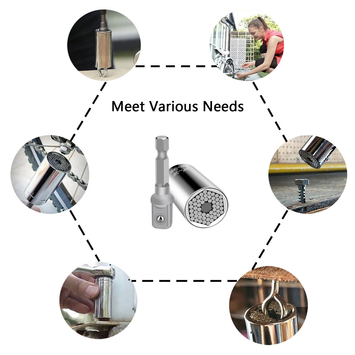 Elivern Universal Socket Set 7-19mm(1/4-3/4 inch),Universal Socket Wrench Adapter Fool Sleeve Piece,Professional Repair Tools(Silver)