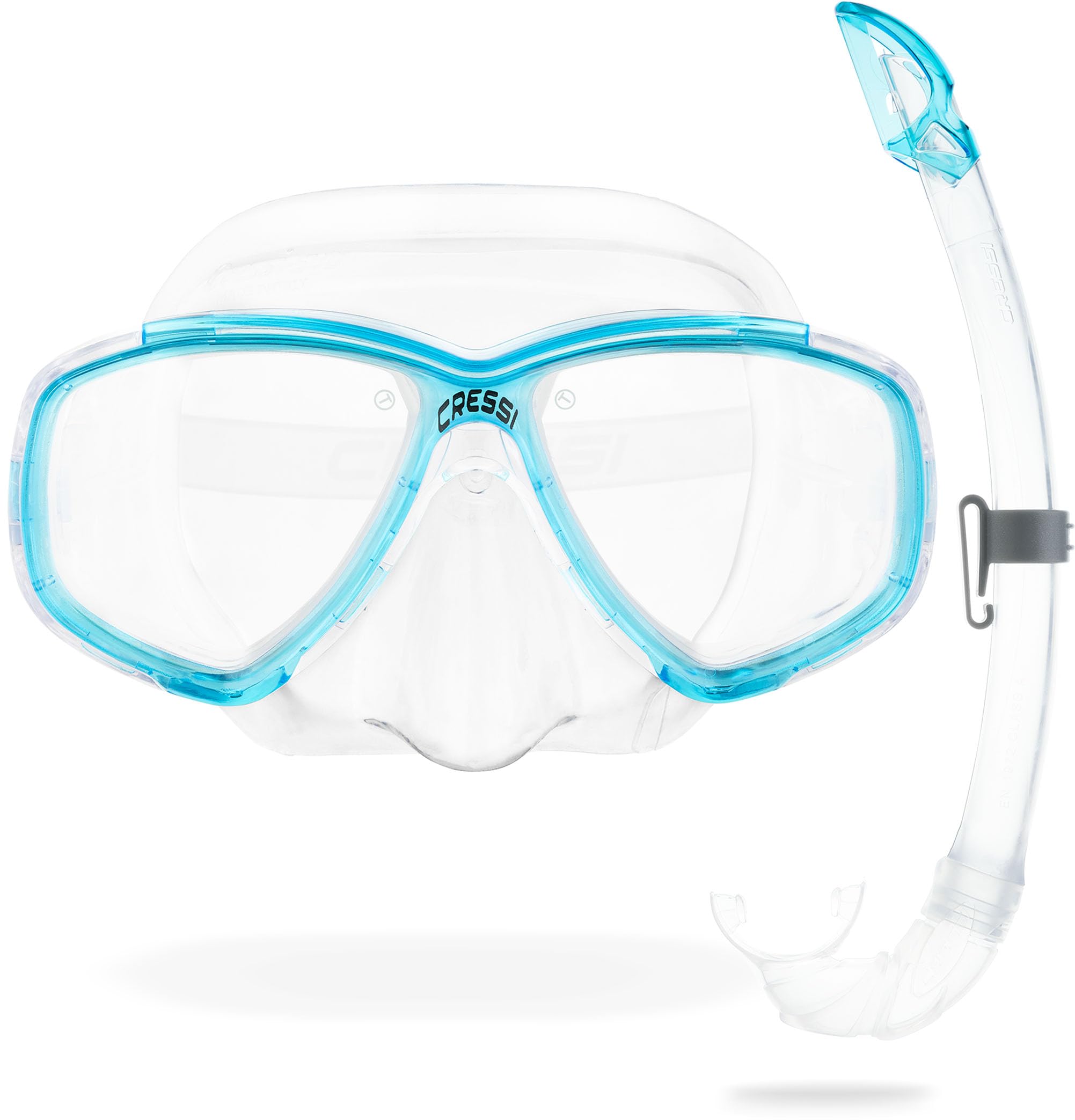 Cressi Perla Separate Glass Mask & Snorkel Set - Dry-Top Snorkel - Low-Volume Fit for Scuba - Quick Buckles for Diving Mask - Transparent/Aquamarine - One Size