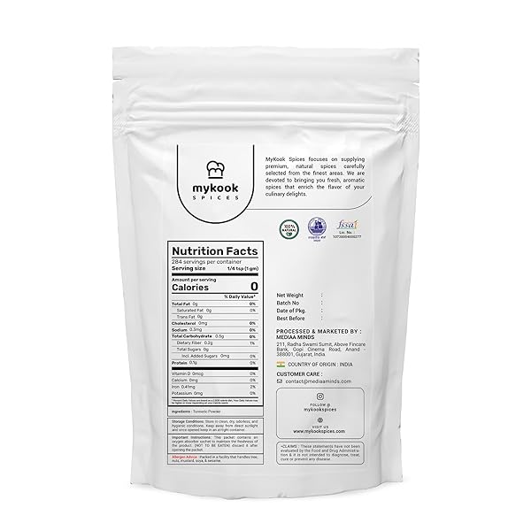 MYKOOK SPICES TURMERIC POWDER WITH CURCUMIN FROM INDIA – NATURAL GROUND TURMERIC POWDER, ESSENTIAL TURMERIC SPICE FOR COOKING, RICH IN FLAVOR AND COLOR – 10 OZ RESEALABLE BAG