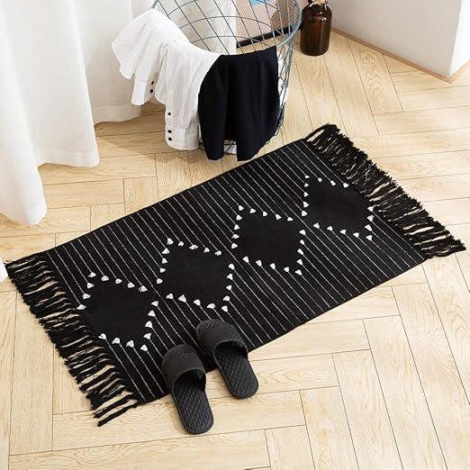 Boho Bathroom Rug Black Small Fringe Rug for Kitchen