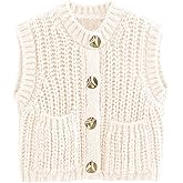 Flygo Womens Sleeveless Crop Chunky Knit Cardigan Trendy Button Down Cropped Knitted Sweater Vest Tops with Pockets