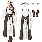 5PCS Renaissance Fairy Costume Women Medieval Elf Dress Green Victorian Princess Dress Ren Faire Outfit for Halloween