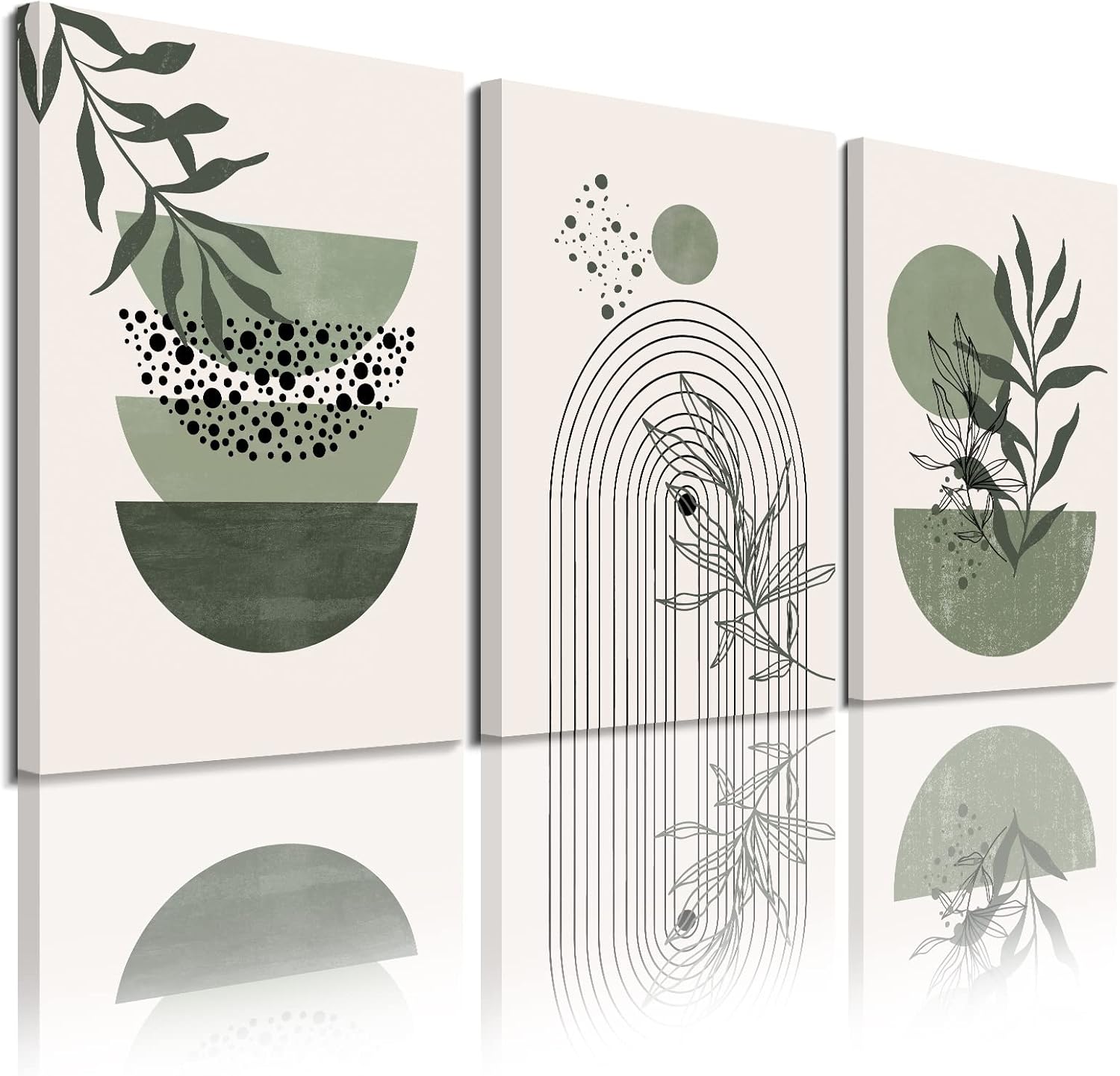 Wall Décor - Sage Green Wall Posters & Prints, Green Boho Wall Art Set of 3, Minimalist Framed Wall Art Geometric Line Leaf Sun Moon Beige Green Canvas Artwork Paintings