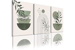 YONGART Sage Green Wall Posters & Prints, Green Boho Wall Art Set of 3, Minimalist Framed Wall Art Geometric Line Leaf Sun Moon Beige Green Canvas Artwork Paintings