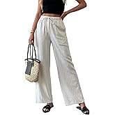 heipeiwa Women's Linen Pants Striped Summer Boho Straight Wide Leg Beach Lounge Casual Trousers
