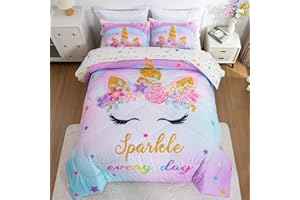 NTBED Unicorn Twin Comforter Set with Sheets,5 Pieces Kids Bedding Sets for Girls, Lightweight Microfiber Star Rainbow Bed in a Bag,Blue Purple