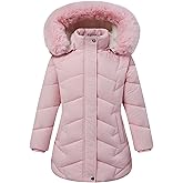 NAUYSWI Girls Winter Down Coat with Detachable Fur Hood, Kids Thickened Windproof Jacket for Skiing, Sledding
