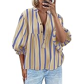 Tankaneo Womens Puff Sleeve Babydoll Tops Summer V Neck Striped Blouse Cute Casual Loose Fit Flowy Shirts