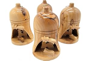 Zuluf Bulk Olive Wood Bell Christmas Ornaments from Bethlehem - Religious Nativity, Catholic Chrismons for Christmas Tree, Holy Land Israel Souvenirs, Christian Decorations Set of 4