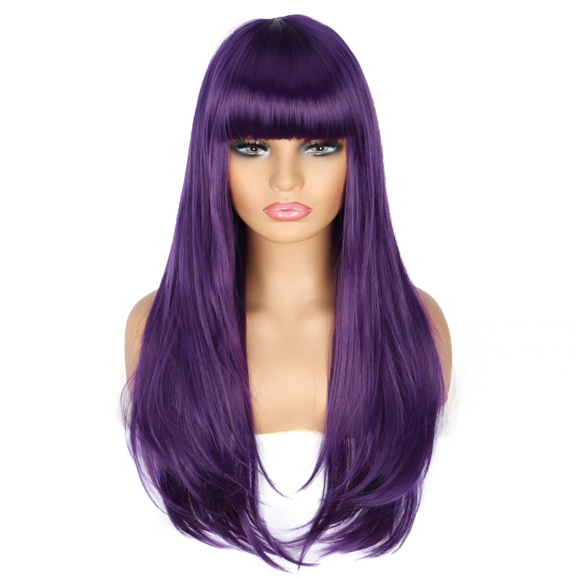 PORSMEER Long Purple Wigs for Women, Layered Straight Synthetic Heat Resistant Hair Wig with Fringe for Ladies Cosplay Party Halloween Costume Anime — image 1