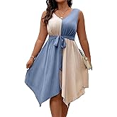 SOLY HUX Women's Plus Size Color Block Dress V Neck Sleeveless A Line Asymmetrical Hem Belted Dresses