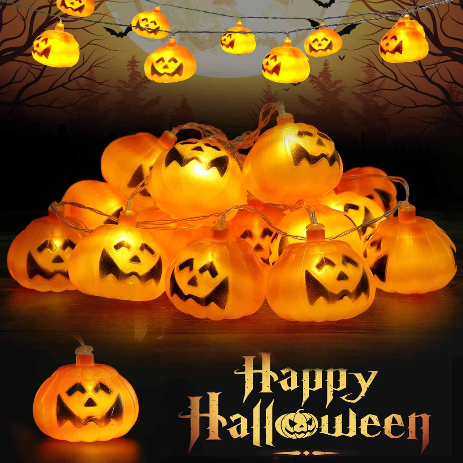 Runostrich Halloween Pumpkin String Lights, 9.8ft 20LEDs Halloween Christmas Decoration Fairy Light Hanging Lantern Indoor Outdoor Home Store Party 2 Modes...