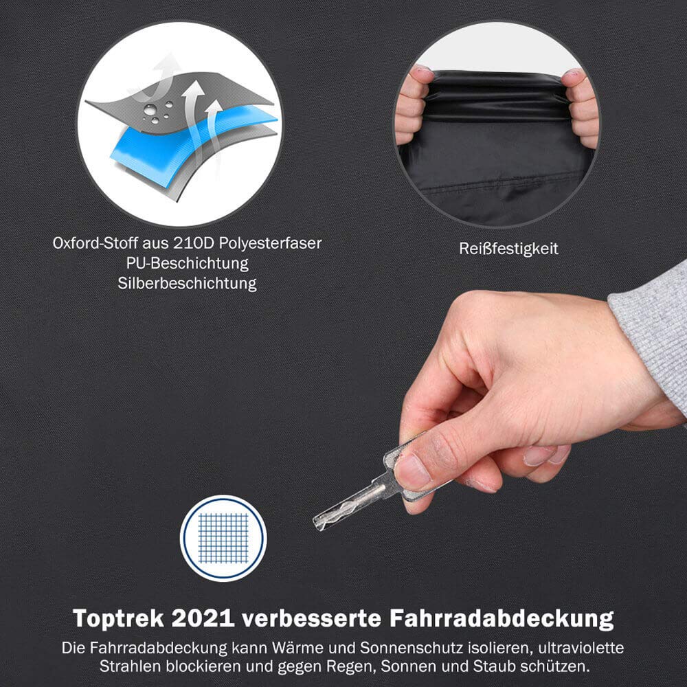 Toptrek Fahrradabdeckung 210D mit Nahtband Oxford-Gewebe Wasserdicht Hochwertige Fahrradgarage Outdoor 200 x 110 x 70 cm Reißfestigkeit Sonnenschutz Fahrrad Schutzhülle mit Beutel 3