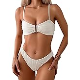 Fanuerg Women's Ribbed Bikini Sets U Wire Adjustable Spaghetti Straps Swimsuit Textured Ruched Two Piece Bathing Suit