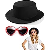 Black Fedora Hats Red Heart Sunglasses Costume for Women and Men, Fashion Flat Wide Brim Round Hats