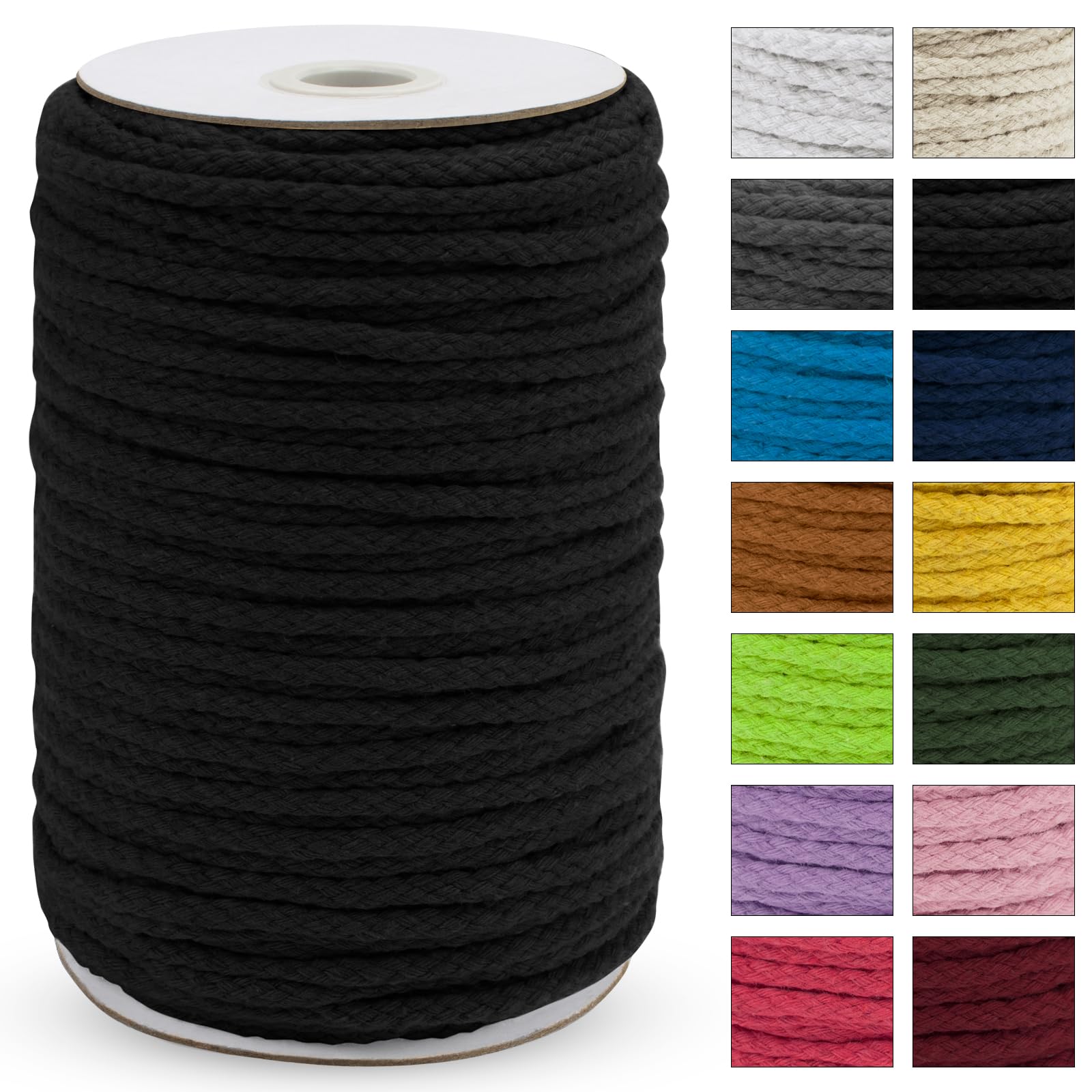 Uiopa Macrame Cord 5mm x 90m, Thick Macrame Rope 8-Strand Braided Cotton Rope, Black Cotton Cord for Plant Hangers, Wall Hanging, Dream Catcher, Garden, DIY Projects