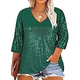 RITERA Plus Size Glitter Tops for Women 3/4 Sleeve Shirts Evening Cocktail V Neck Sequin Blouse Tunic Weddings XL-5XL