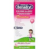 Benadryl Children’s Dye-Free Allergy Relief Liquid, Allergy Medicine for Kids, 12.5 mg Diphenhydramine HCl Antihistamine, Relieves Runny Nose & Sneezing, Paraben-Free, Bubble Gum Flavor, 8 fl.