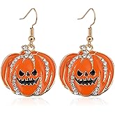 Halloween Pumpkin Earrings, Cute Rhinestone Pumpkin Dangle Drop Earring with Smiling Face Funny Halloween Jewelry for Women
