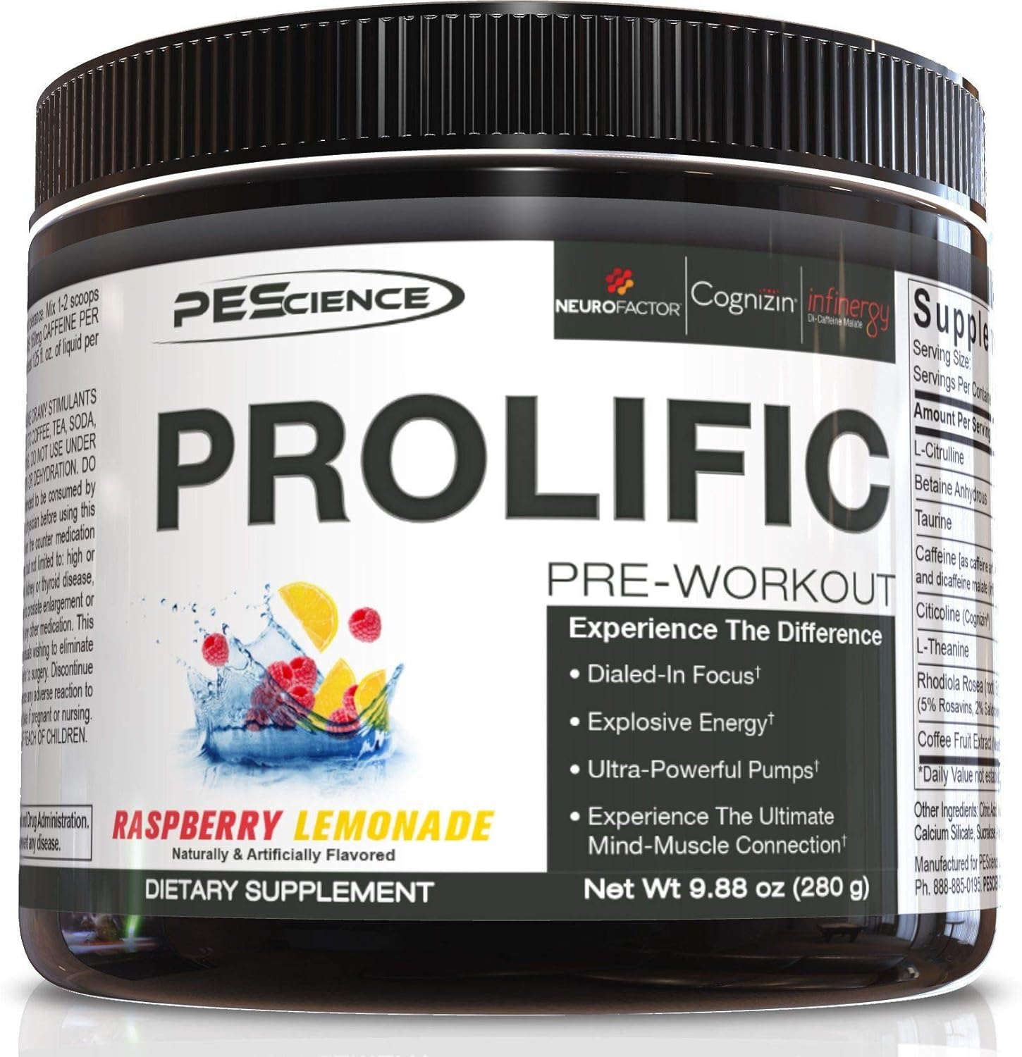 PEScience Prolific Pre Workout, Raspberry Lemonade, 40 Scoop, Energy Supplement with Nitric Oxide