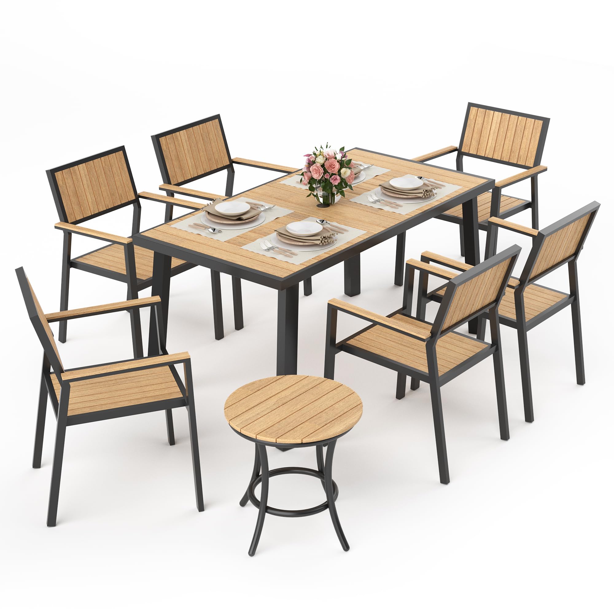 Photo 1 of *** PARTIAL SET - CHAIRS ONLY *** Pamapic 8-Piece Patio Dining Set?Outdoor Aluminum Furniture Set with Plastic-Wood Table Top,Outdoor Furniture Set with 6 Outdoor Stackable Chairs for Patio Garden Poolside (Teak)