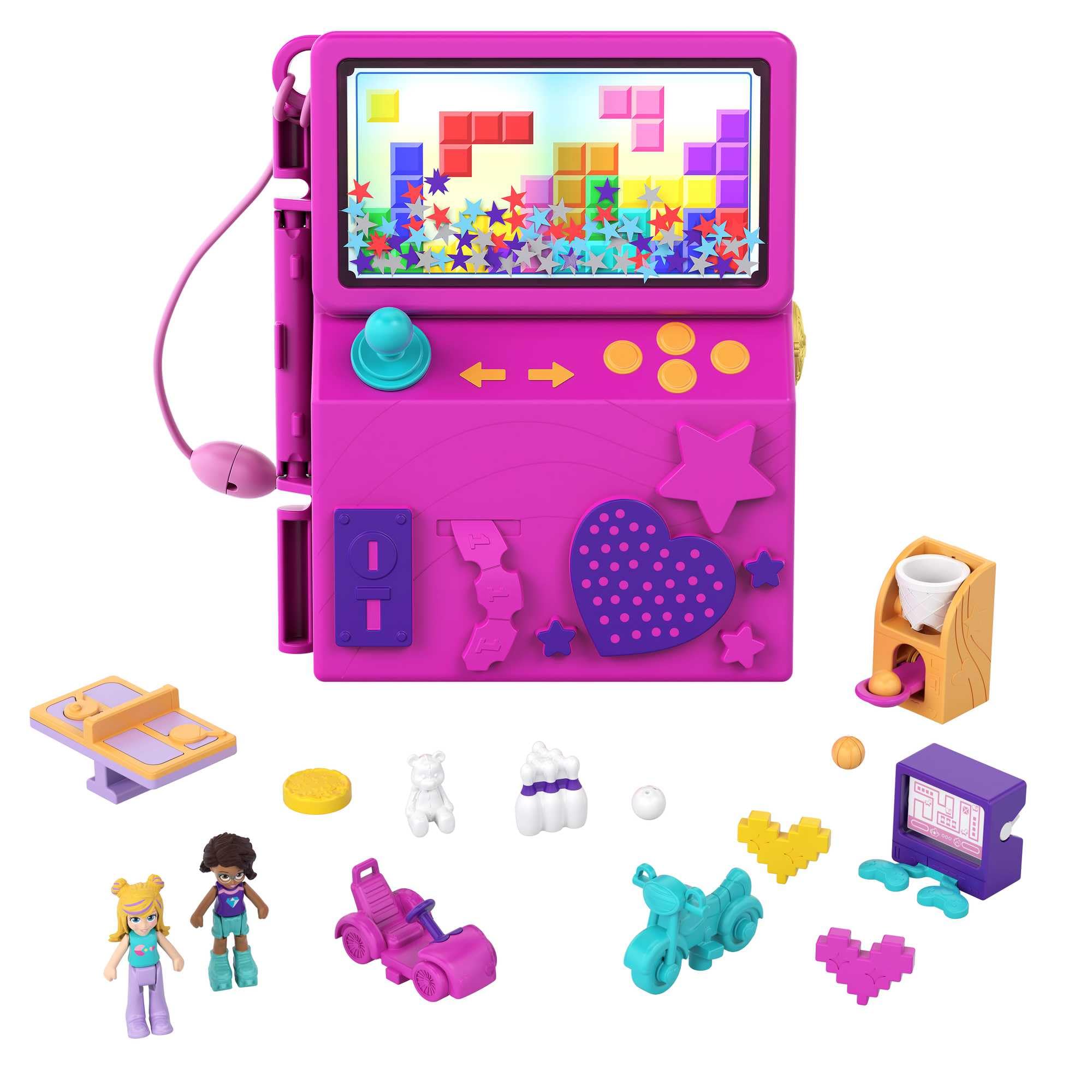 Polly Pocket Race & Rock Arcade Compact, Gaming Theme with Micro Polly & Shani Dolls, 5 Reveals & 12 Accessories, Pop & Swap Feature, Great Gift for Ages 4 Years Old & Up, HCG15