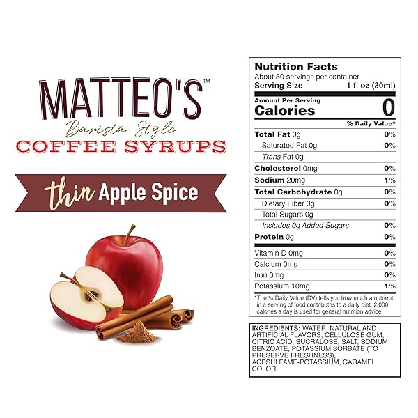 MATTEO’S APPLE SPICE SYRUP FOR COFFEE, LATTES, CAPPUCCINOS & DESSERTS – SUGAR-FREE SWEETENER FOR BEVERAGES, KETO FRIENDLY, ZERO CALORIES, INDULGENT FLAVOR, NON-ALCOHOLIC, IDEAL FOR COFFEE 33.8OZ (1PK)