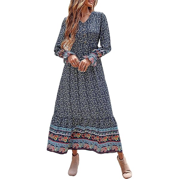 Anthropologie Plus Size Maxi Dresses Women Boho Floral Long Sleeve Maxi  Dress - Button Down Tshirt Dress With Pockets Casual Flowy Casual Dresses