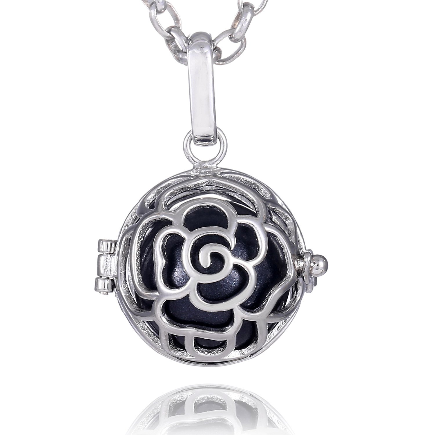 Morella Women Necklace Stainless Steel 70 cm 27,5" with Rose Flower Pendant with Sound Ball Black Ø 16 mm 0,63" in a Velvet Jewelry Bag