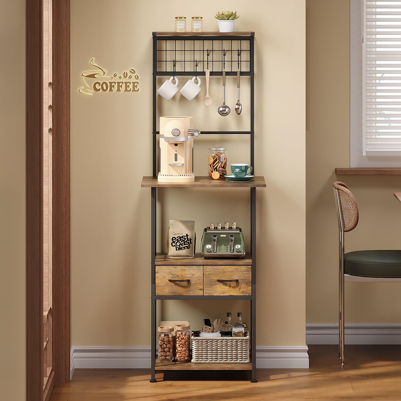 Photo 1 of GiftGo Small Coffee Bar Station Narrow Corner Baker Rack Stand with 2 Storage Fabric Drawers 5 S Hooks for Small Spaces Farmhouse Bakers Rack for Kitchen, Entryway, Living Room (Brown, Narrow)
