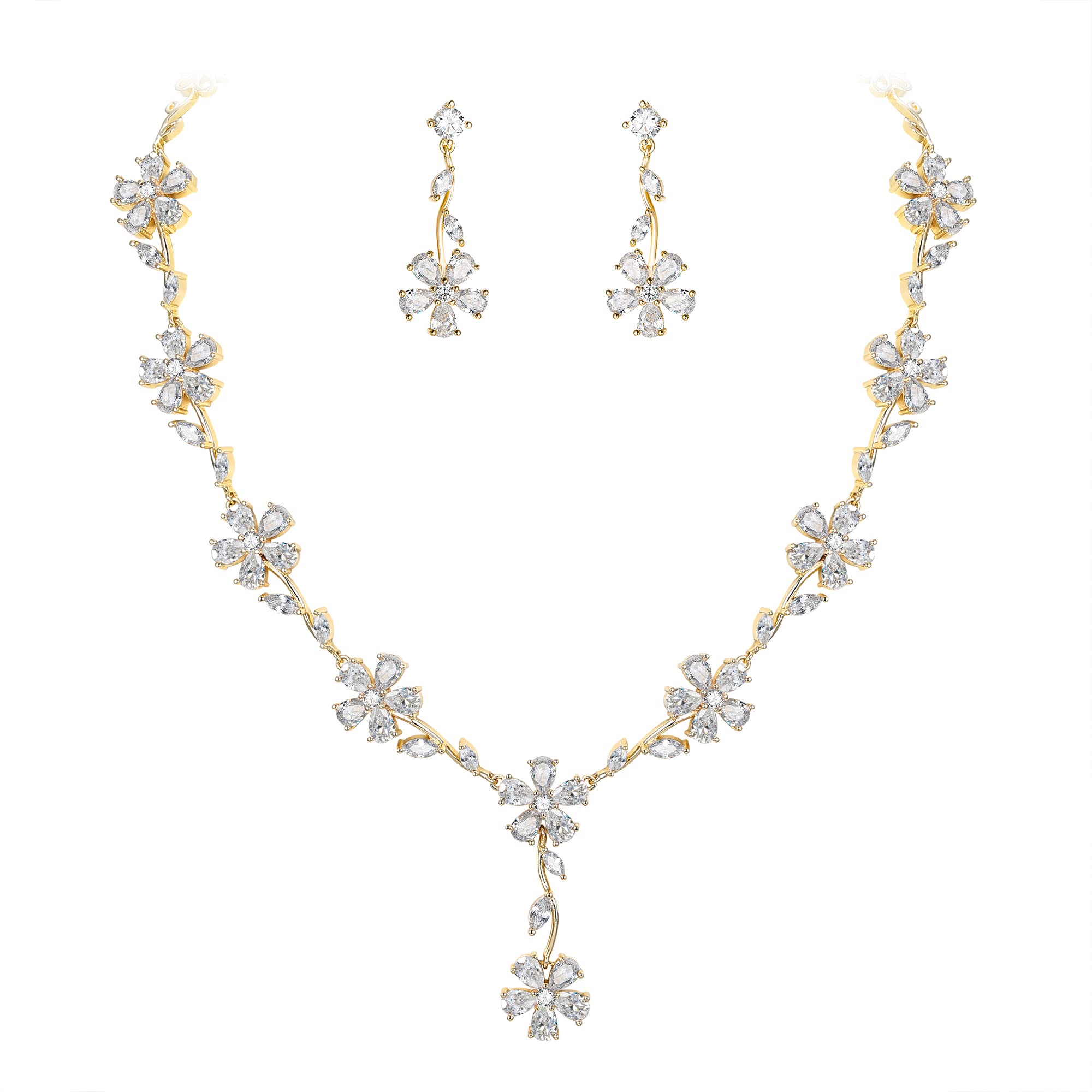 Ever Faith Wedding Jewelry for Bride White Cubic Zirconia Cluster Flower Necklace Dangle Earrings Set Bridal Party Jewelry for Bridesmaid Clear Gold-Tone