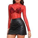 Girece Lace Tops for Women Long Sleeve Mock Neck Mesh Top Sexy Sheer Shirts See Through Floral Blouses