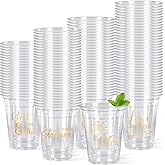 FYSUIMU 120Pcs Wedding Plastic Cups 12Oz Gold Mr and Mrs Disposable Clear Drinking Cups for Wedding Bride Shower Party Supplies, 4 Designs