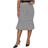 MakeMeChic Women's Plus Size Houndstooth Pencil Skirt High Waisted Ruffle Hem Bodycon Midi Skirts