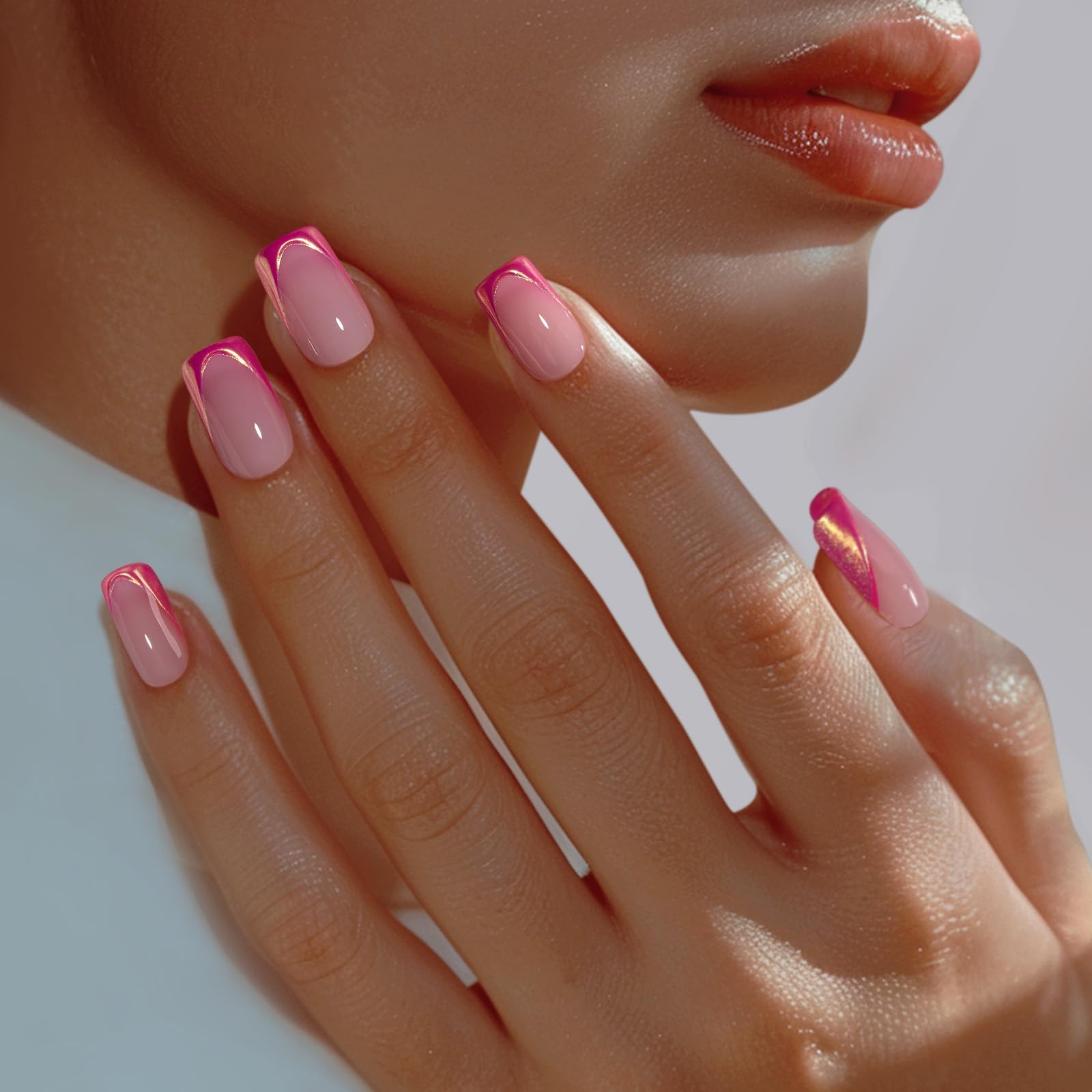 BTArtbox French Tip Press On Nails - Trendy Short Square Fake Nails with Metallic Chrome Pink Color, Reusable Glue On Nails in 16 Sizes for Christmas Gift, Metallic Petal - Image 4