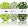NICEEC 3 Skeins Soft Chenille Yarn Blanket Yarn for Knitting Fancy Yarn for Crochet Weaving DIY Craft Total Length 3×85m (3×93yds, 3×50g)_Green Series