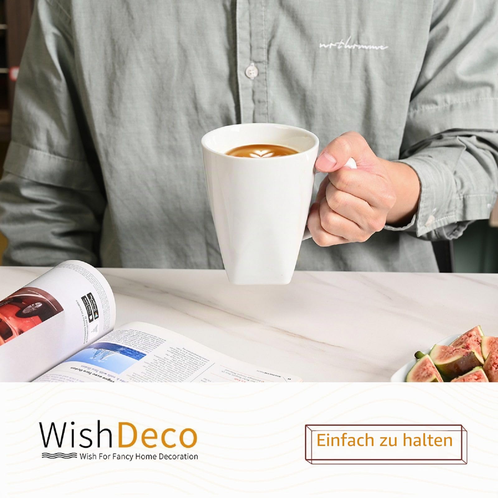 WishDeco Kaffeebecher 6er Set, Kaffeetassen Porzellan Weiß 400ml, Kaffee Tassen Groß mit Henkel, Tassen Set für Cappuccino Tee Milch Heißgetränke, Eckig Boden 7