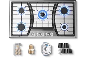 36 Inch Gas Cooktop, Maharlika Gas Stove Top Bulit-in with 5 Burner Stainless Steel Total 41,132 BTU, 36" NG/LPG Convertible Cooktops Dual Fuel, Five Burner Propane Cooktop with Thermocouple Protect