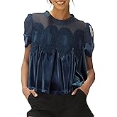 Gozoloma Women's Velvet Lace Blouse Casual Round Neck Short Sleeve Flared Swing Top Elegant Loose Intricate Back Design