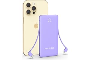miisso 10000mAh Slim Portable Charger with Built in Cable, Power Bank Travel Charger External Battery Pack for Phone, 4 Output USB Type C Cord Clutch Charger Compatible with iPhone, Purple