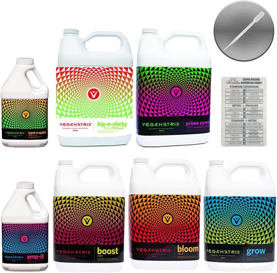 VEGAMATRIX HERB BUNDLE: GROW, BLOOM, BOOST, PRIME ZYME, AMP-IT, HARD-N-QUICK, BIG-N-STICKY + TWIN CANARIES CHART & PIPETTE - 5 GALLONS & 2 QUARTS