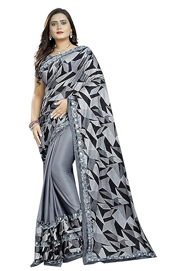 Market Magic World silk with blouse piece Saree (Ly Patta_ Grey_ Free Size)