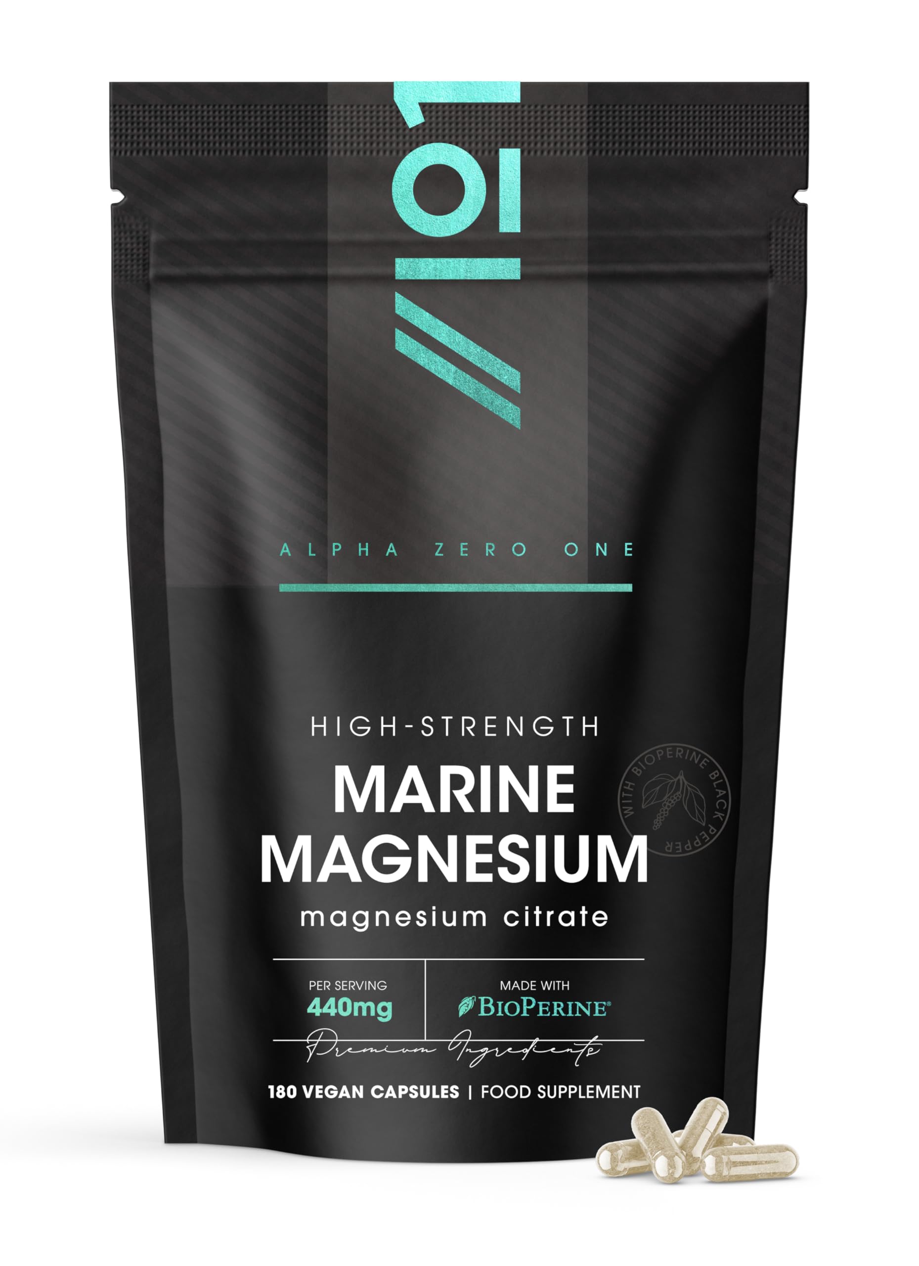 Marine Magnesium Citrate 1480mg with BioPerine® - Sourced from the Dead Sea - Providing 440mg Elemental Magnesium - Supports the Nervous System - Reduces Tiredness and Fatigue - 180 Vegan Capsules