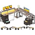AODK 66" L Shaped Desk, 113" Computer Desk with File Cabinet & 4 Fabric Drawers, Home Office Desk with Monitor Shelf & Power Outlet, Two Person Desk or Corner Desk, Gaming Desk with LED Light, Grey