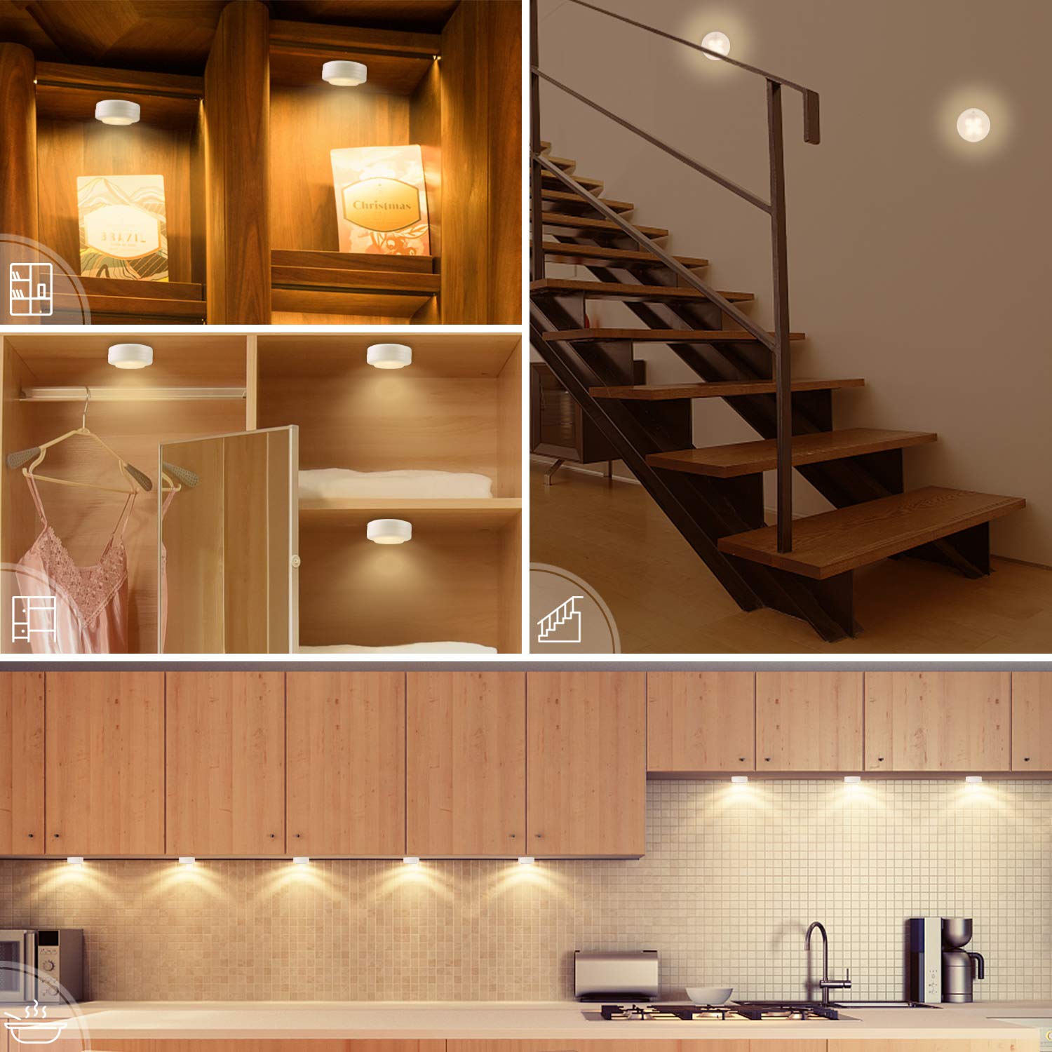 Schrankleuchten WOWGO Kabinett Beleuchtung Unterbauleuchten, drahtloses batteriebetriebenes LED Nachtlicht mit Fernbedienung für Küchen, Treppen, Kabinett und Garderobe