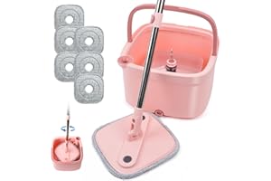 INWEJIA Spin Mop and Bucket Set with Self Separation Dirty and Clean Water System Self Wringing 360° Rotating Clean Mop-Head for Hardwood Tile Marble Floors with 6pads-Pink