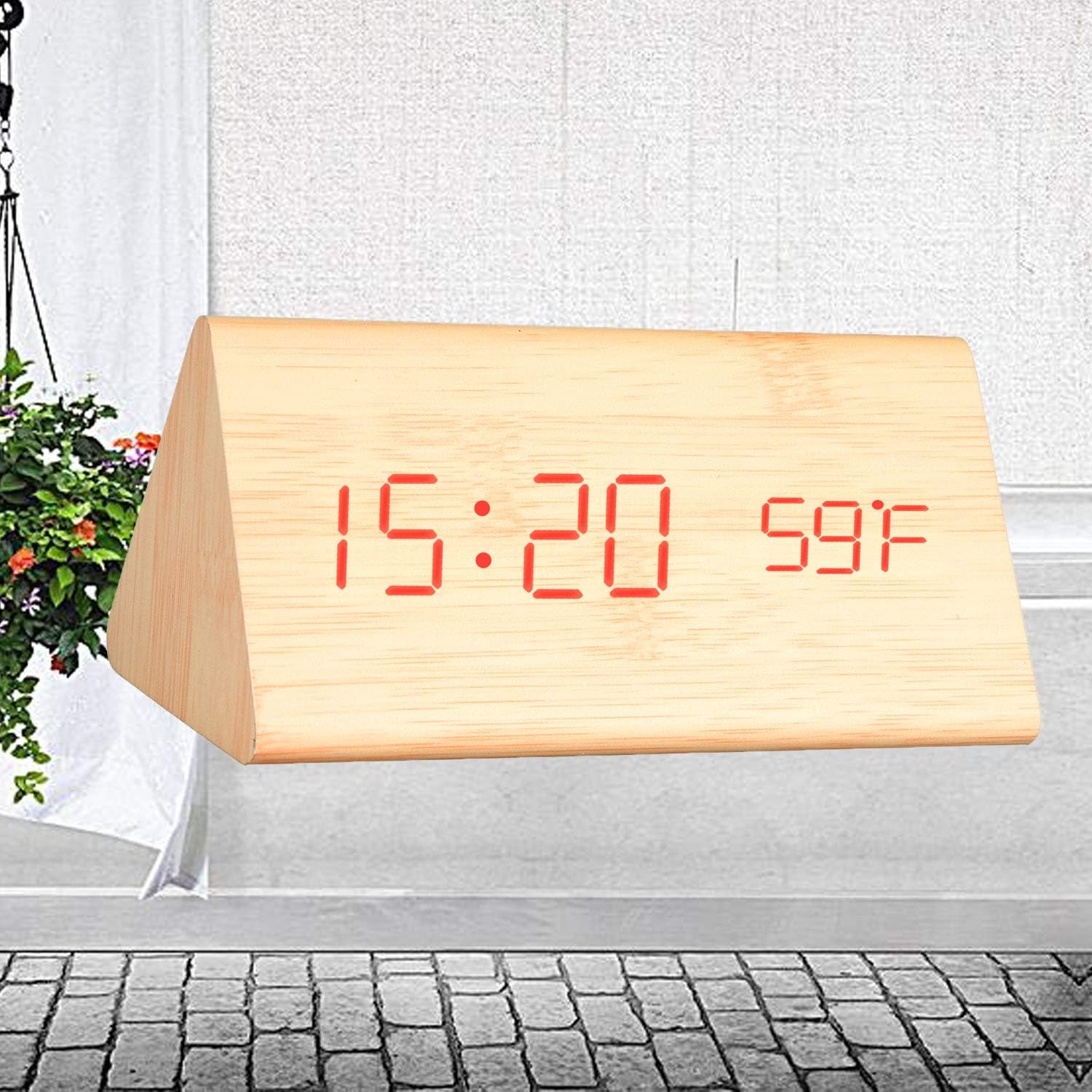 K Kwokker Digital Clock Wood Alarm LED Clock w/Sound Control, Temperature, Time Memory Powered by USB Cable & Batteries for Bedroom Office Travel School, for Heavy Sleeper Kids Youth Student Seniors