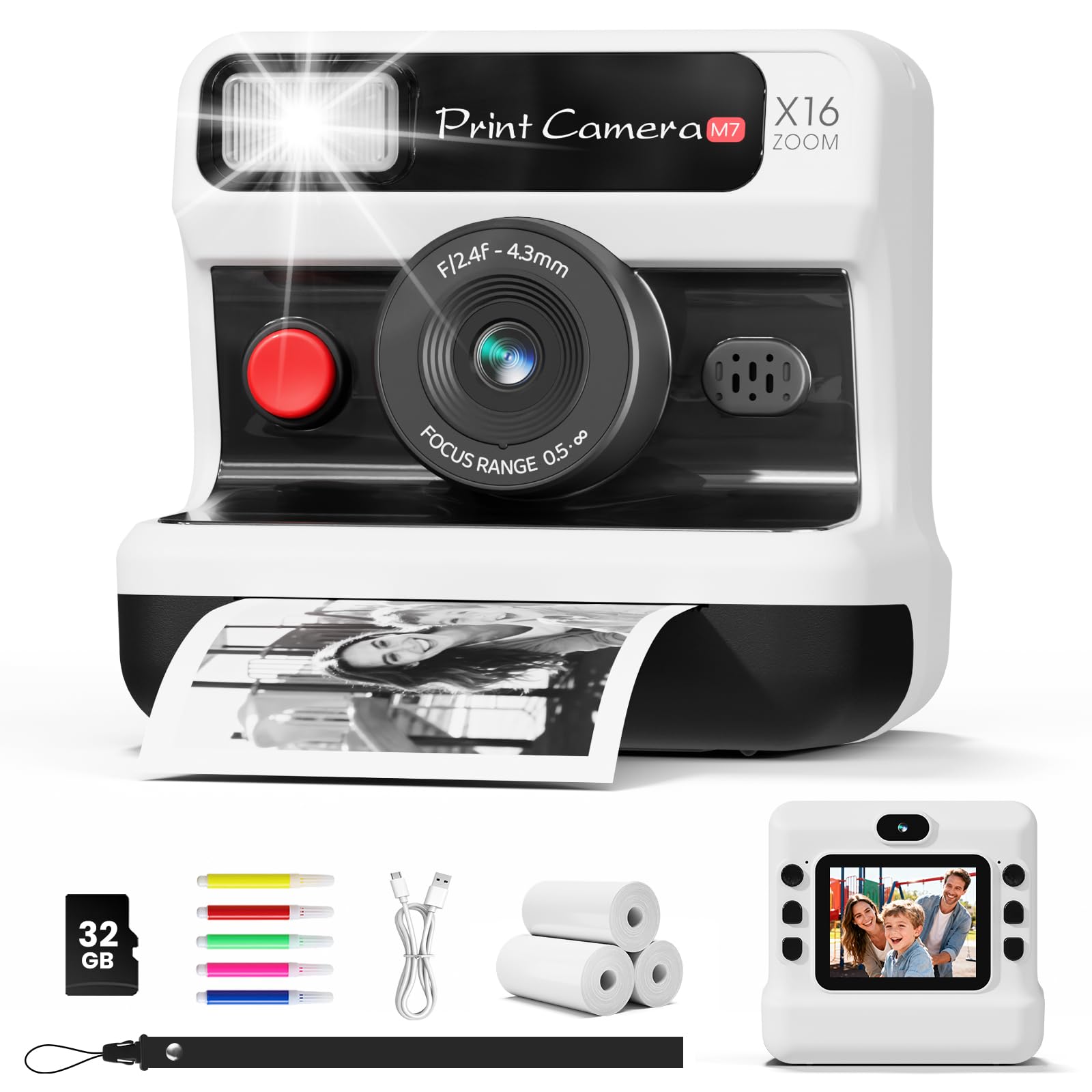 CalineGam Kids Camera Instant Print, 1080P HD Instant Print Camera for Kids with 32GB Card & 3 Rolls Paper, Dual-Lens Selfie Digital Toy, Christmas Birthday Gifts for Girls and Boys Age 3-12